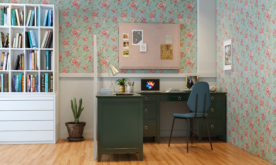 Home office design with floral patterned wallpaper