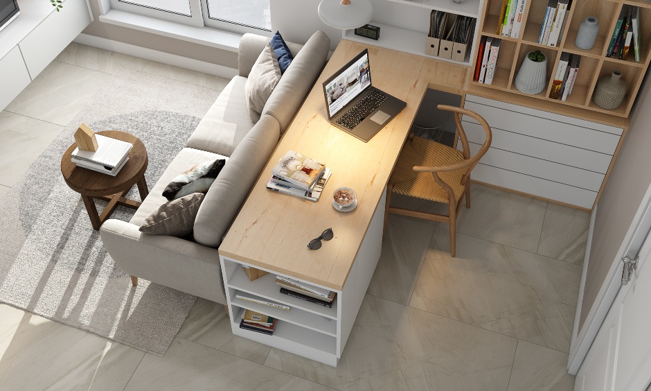 Home office desk design with open shelves at the side