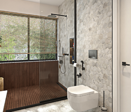 DesignCafe provides home services, including a bathroom shower with a glass partition