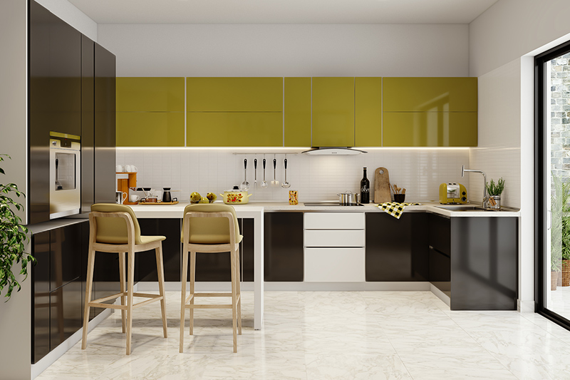 G-shaped kitchen layout with a breakfast counter