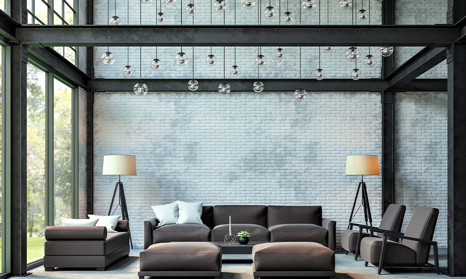Living room scandinavian interior design with black steel beam framework for industrial look