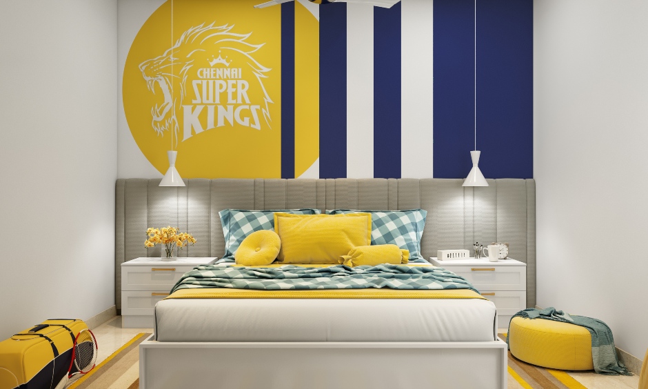 Interior design company in chennai designed by a young and vibrant kid's bedroom with Chennai Super Kings theme