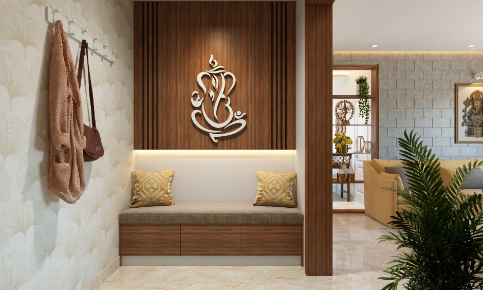 Interior design in chennai where a functional foyer design with a seating bench that has storage beneath