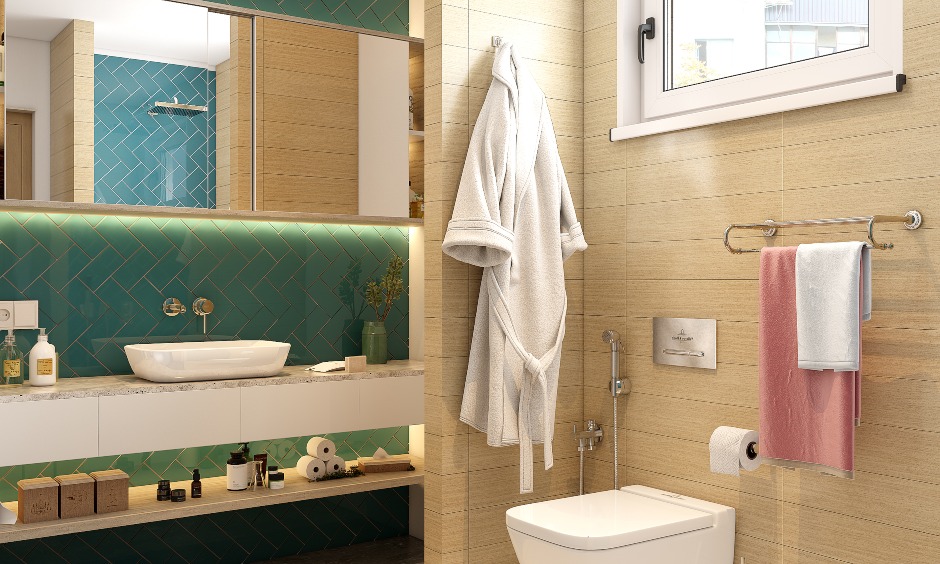 Interior design of 2bhk bathroom with tiled backsplash, vanity unit with drawers and floating shelves, wall cabinet with mirrors