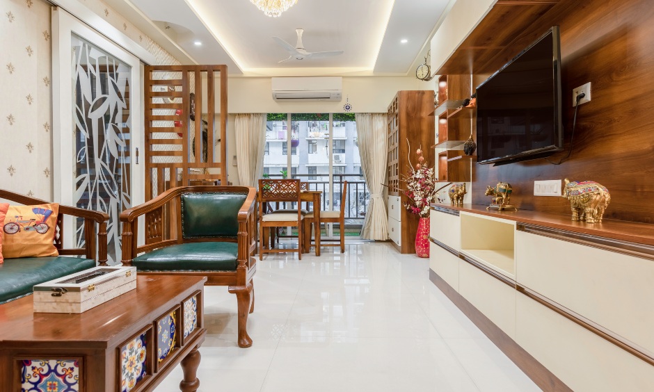 Interiors in mumbai with a living room is a mix of modular design with traditional aesthetics