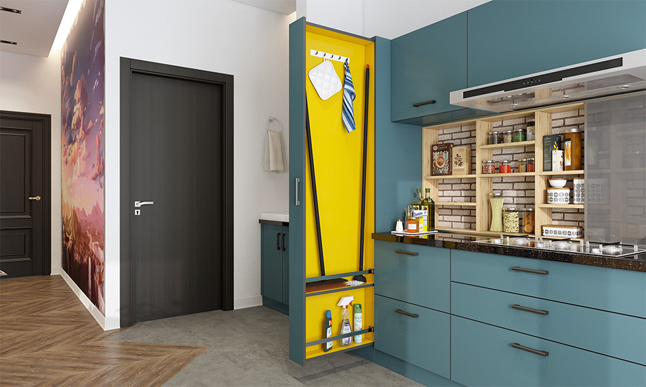 Blue out & yellow in colour accent janitor kitchen unit to hide away unsightly mops and brooms