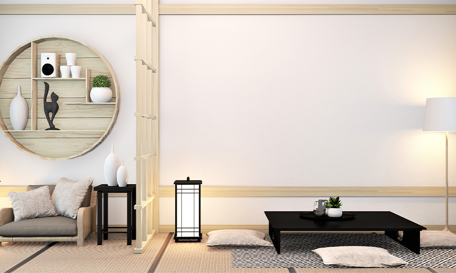 Scandinavian japanese interior design with low-lying furniture