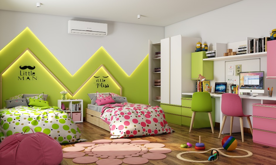 Lime green pink kids bedroom design for boys and girls look with a fun