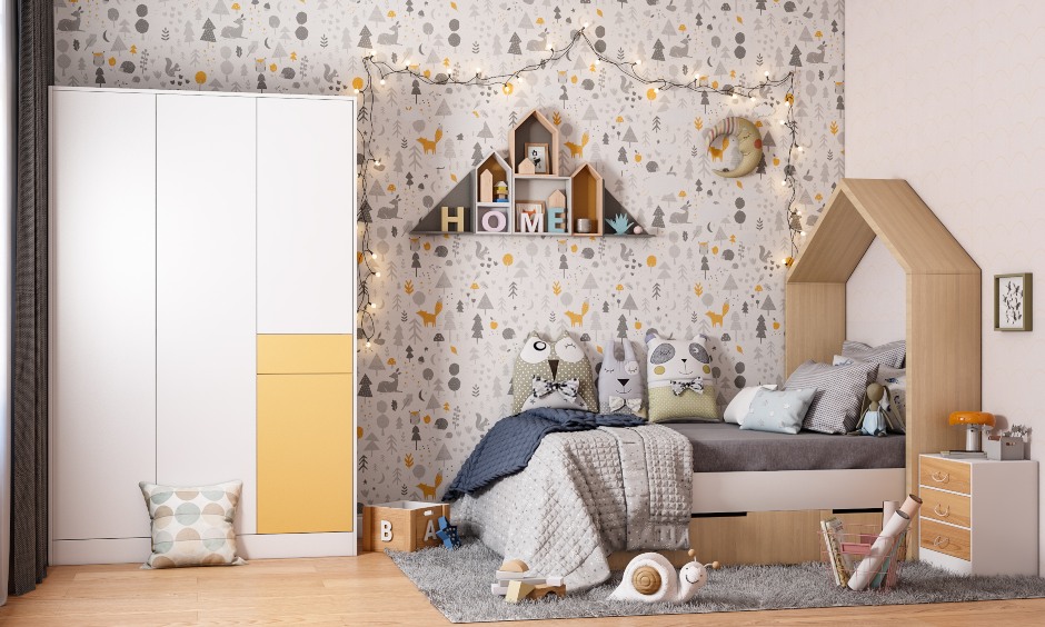 Kids bedroom design for small homes with bird house bed and 3 shutter wardrobe