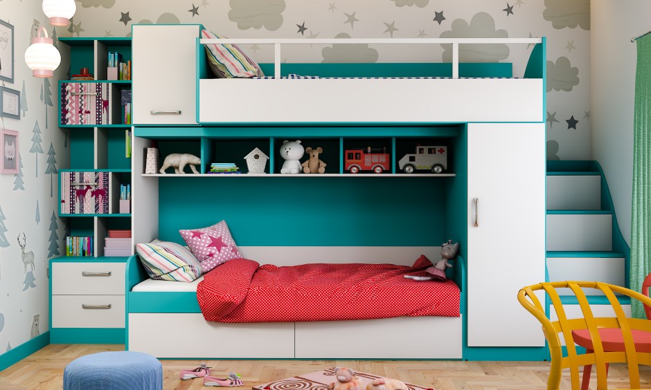 Kids room design with bunk beds in modern eclectic style to make a fun and vibrant children's bedroom