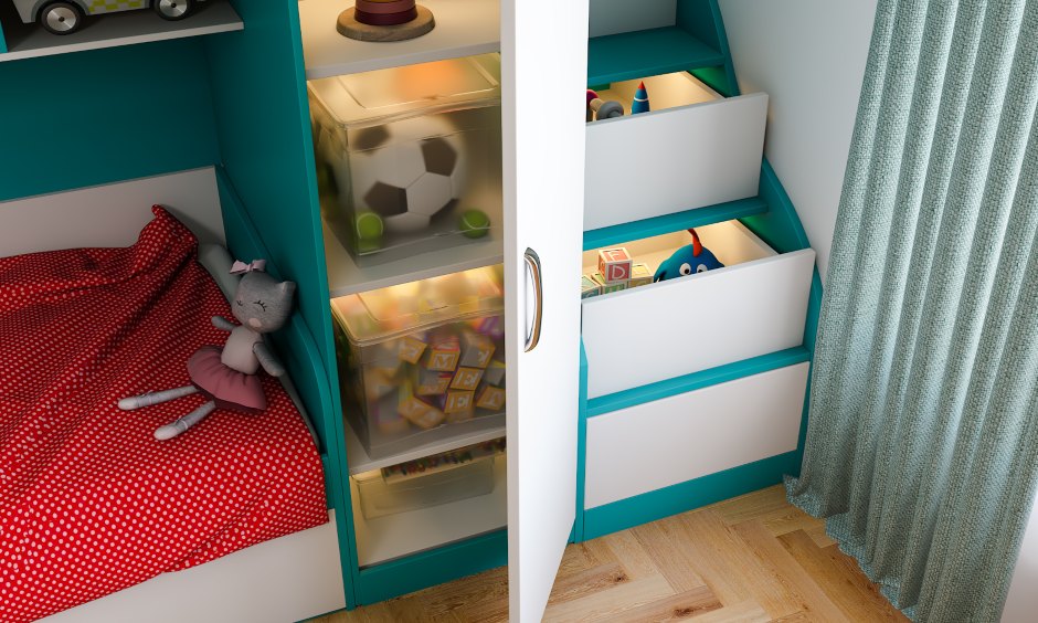 Modern eclectic style kids room interiors with space saving storage staircase design