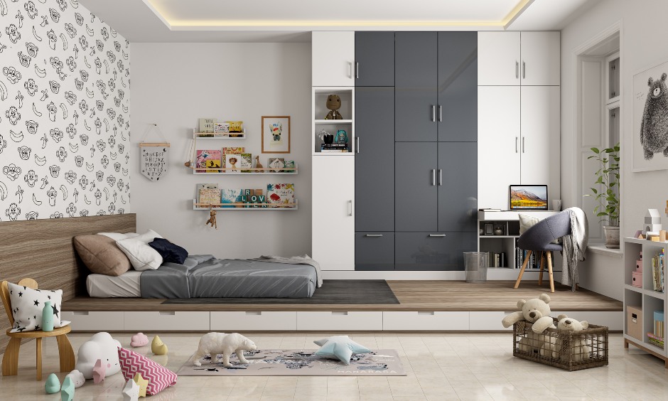 Kids room interior design with platform bed with drawers and floor to ceiling wardrobe with pull out study unit