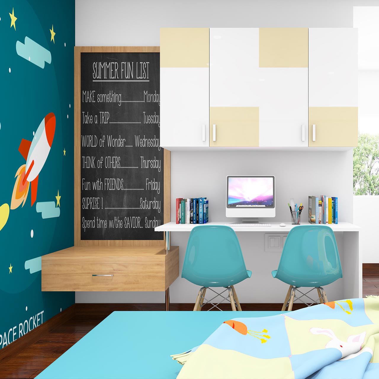 Kids bedroom furniture where multiple layered lighting caters to their different needs without seeming overwhelming in kids with cool kids bedroom theme ideas