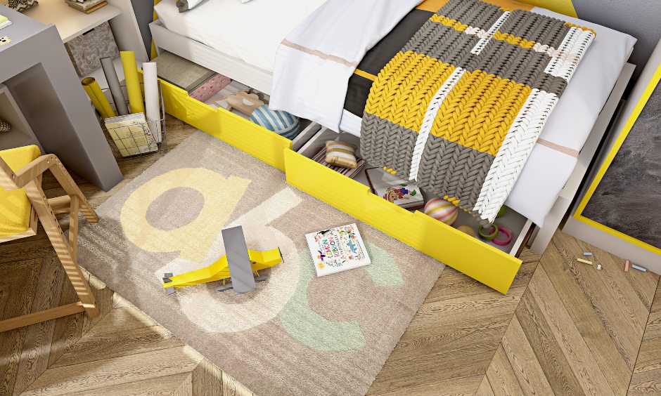 Kids bedroom bed design with yellow drawers to storage toys and other items