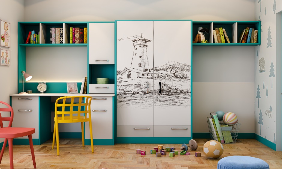 Kids room interior design with bookshelf and open storage