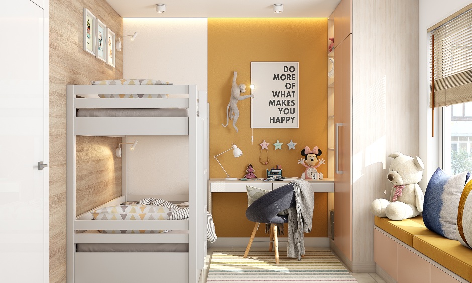 Kids room in 2bhk designed with bunk bed, study unit and window seating