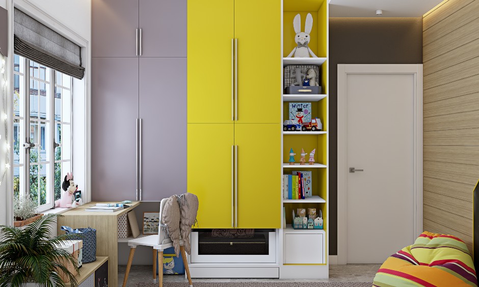 Wardrobe design for kids bedroom in grey and yellow with lots of storage