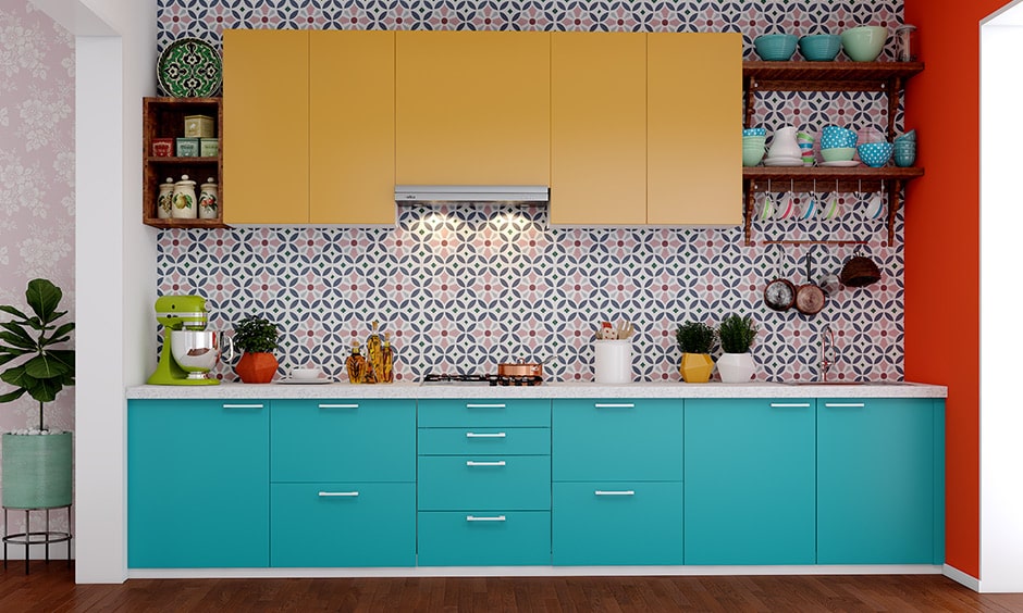 Kitchen cabinets color combination with yellow and turquoise