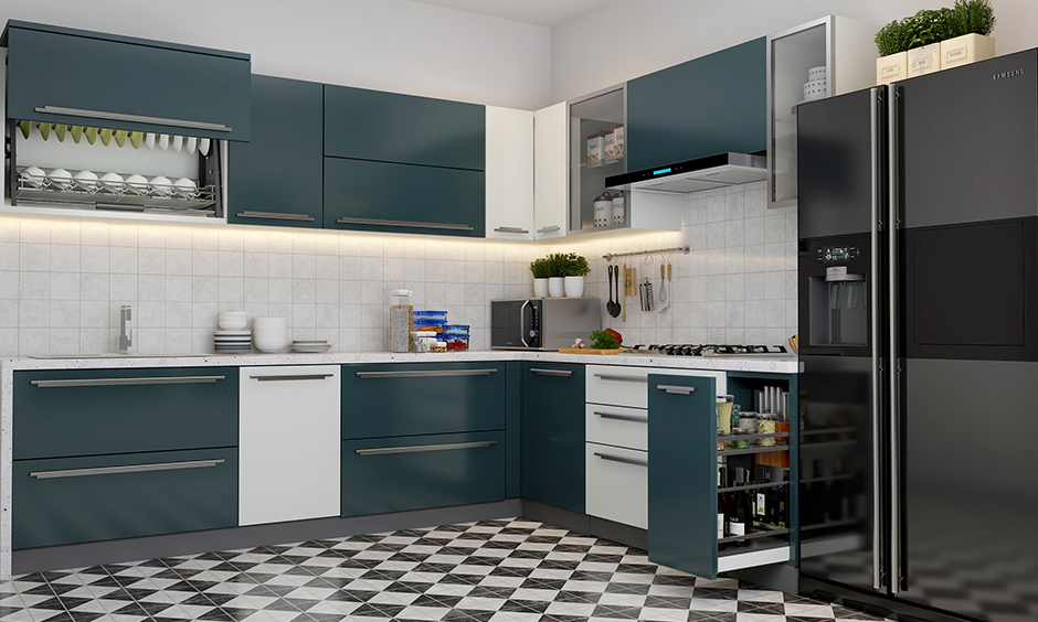 White and bluish corner kitchen unit design utilised with smart storage units, so space does not go waste.