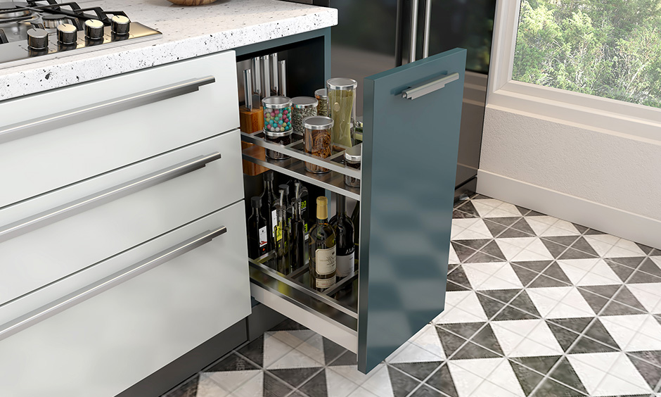 This bluish laminated oil-pull out base kitchen unit design typically installed beside your hob unit