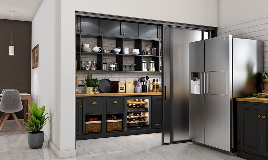 Kitchen pantry with ample space for racks drawers and cabinets to store all your kitchen essentials