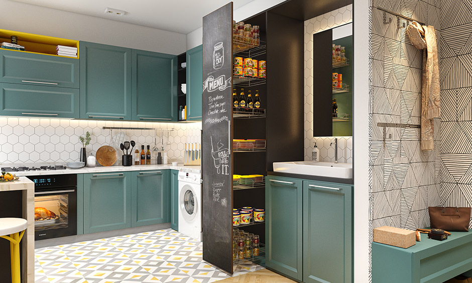 Kitchen unit design with pull-out pantry is a smart solution to stow away all your non-perishable groceries