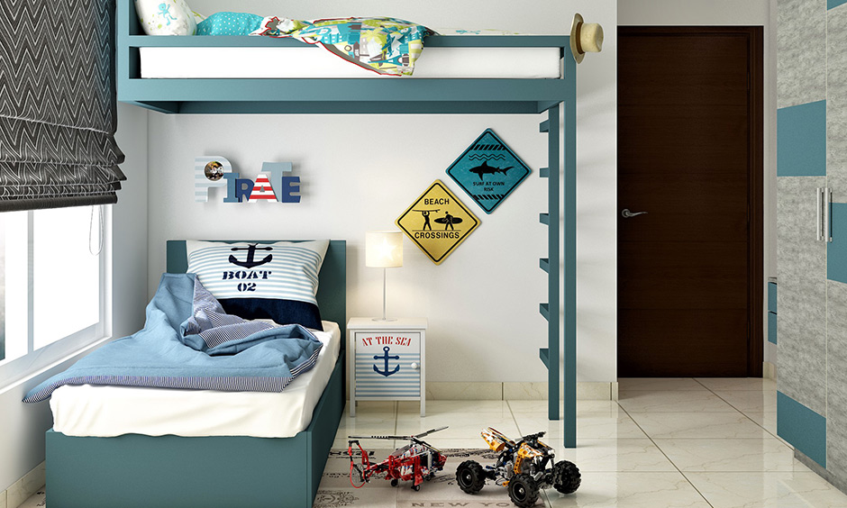 L shaped bunk bed designs for boys where you can place a small side table or a bookshelf as well