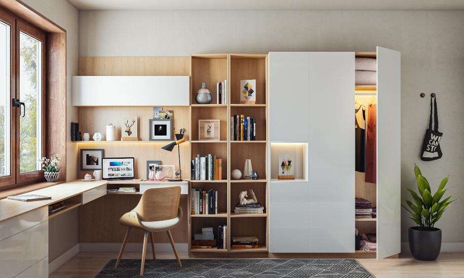 L-shaped home office design with an attahced bookshelf