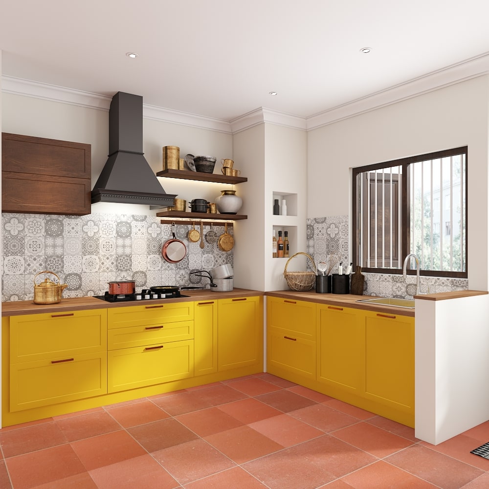 L shaped kitchen design in Chennai with floating shelves