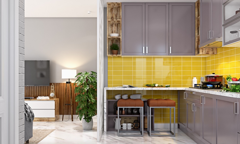 L shaped modular kitchen with base cabinets for 1 bhk apartment interior