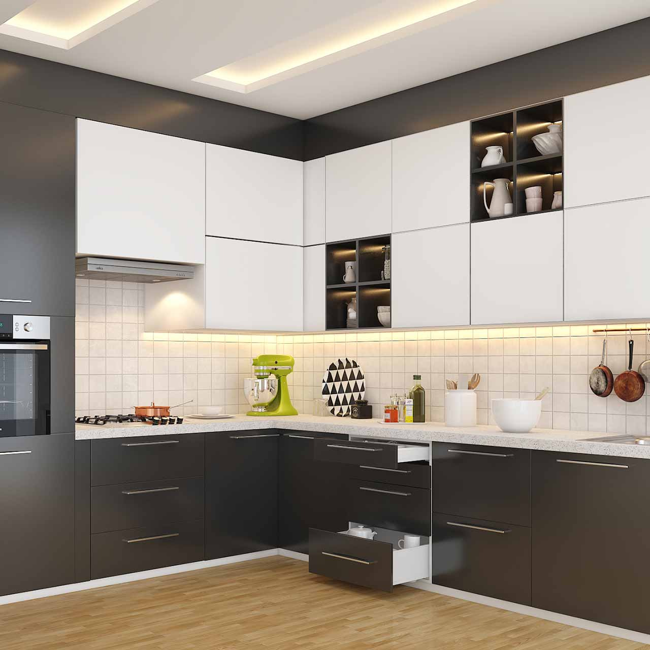 Different types of kitchen layouts using l shaped kitchen layout with grey and white cabinets and drawers makes beautiful kitchen designs