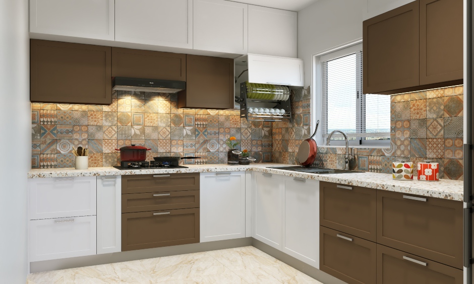 L-shaped, spacious modular kitchen design with handleless upper cabinets designed by best budget interior designers in chennai