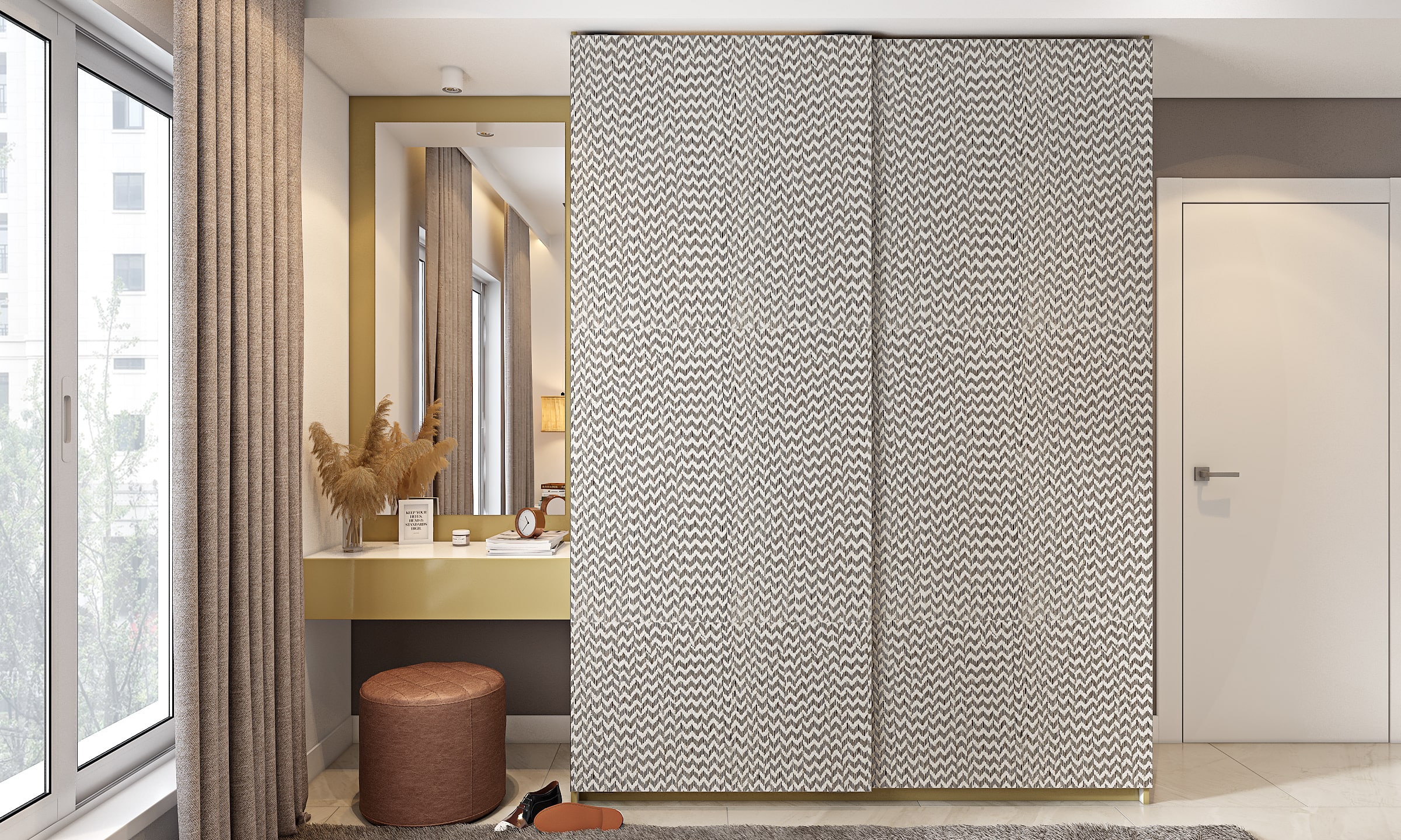 Light grey sliding door wardrobe designed by high-end interior designers