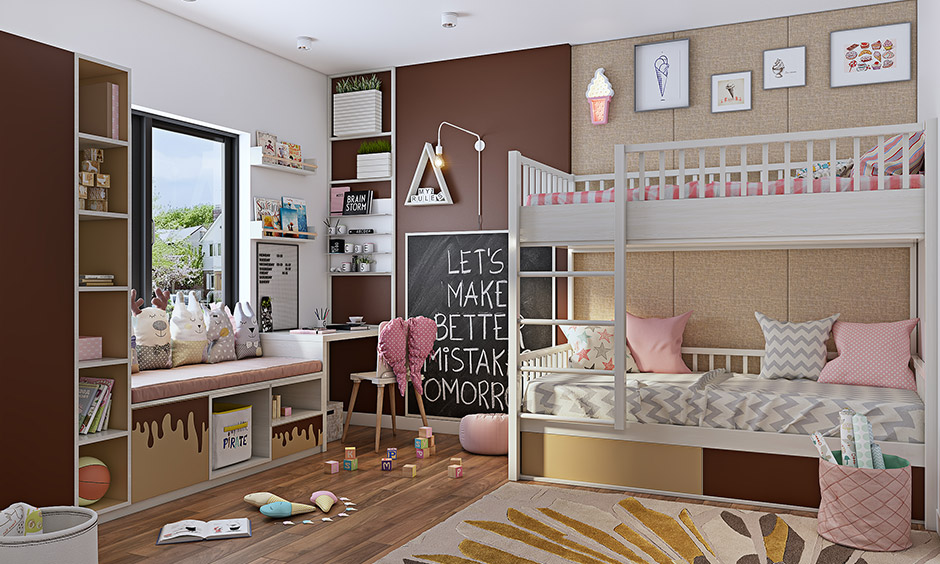Light pink and chocolate colour combination for children's room is pretty, fun and timeless.