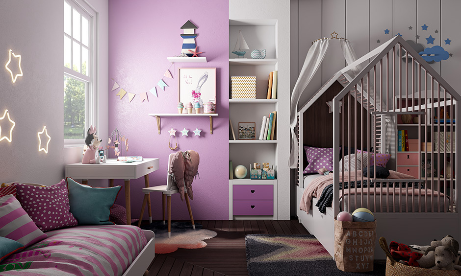 Lilac purple and white kids room colors combination make light on the eyes are sophisticated and soothing.