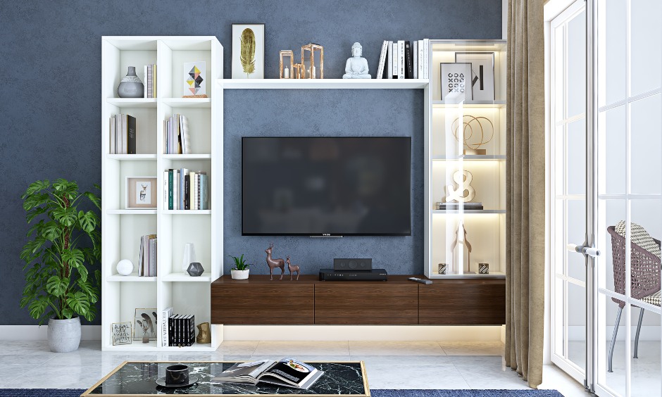 2bhk interior design for living room with a tv unit with open shelf storage in interior design of 2bhk