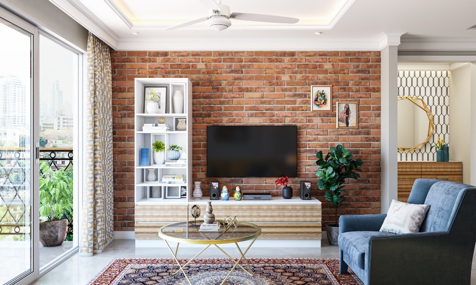 Living room 3bhk interior design with brick wall cladding and laminated tv unit look rustic