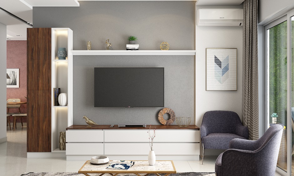 Living room 3bhk interior designed with TV unit with push-to-open drawers and open shelves