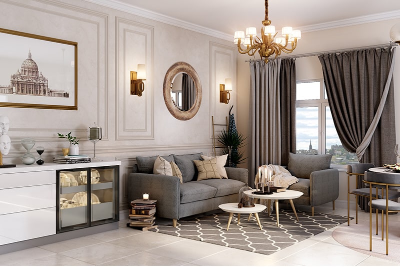 Beige and shades of grey combination living room add a touch of class and luxury to their living room