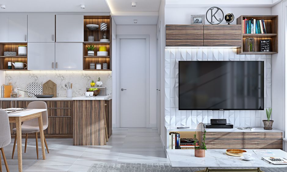 Modern 3 bhk flat interior design for living cum dining area