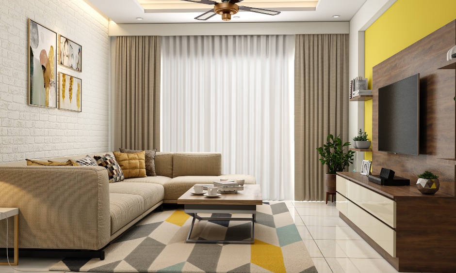 Living room design in elegant style with a dark wood laminate tv unit
