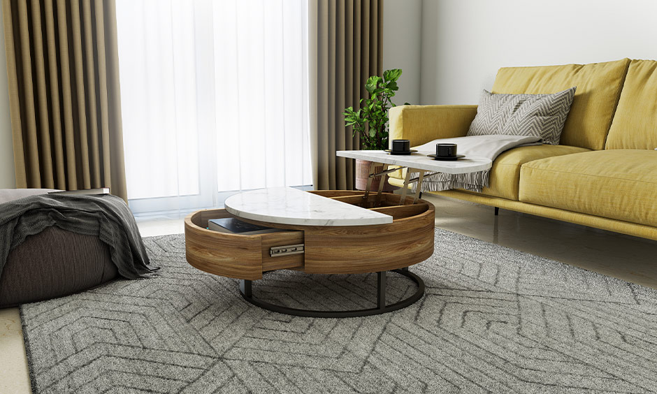 Small living room interior having a lift-up coffee table