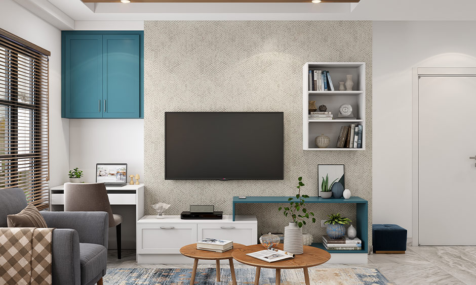 Living room interior design with a sleek workstation