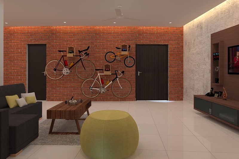 Living room wall decor that consist of mounted bikes on the wall to create a funky look