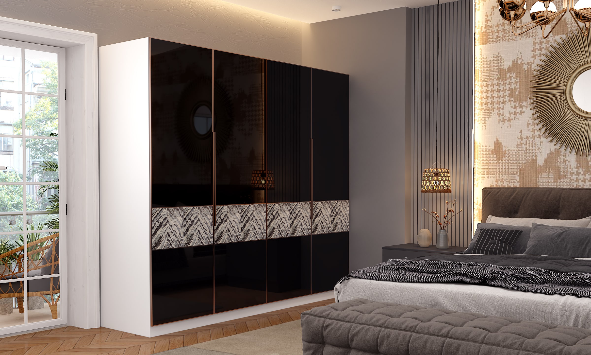 Luxury bedroom interior design with black sliding door wardrobe