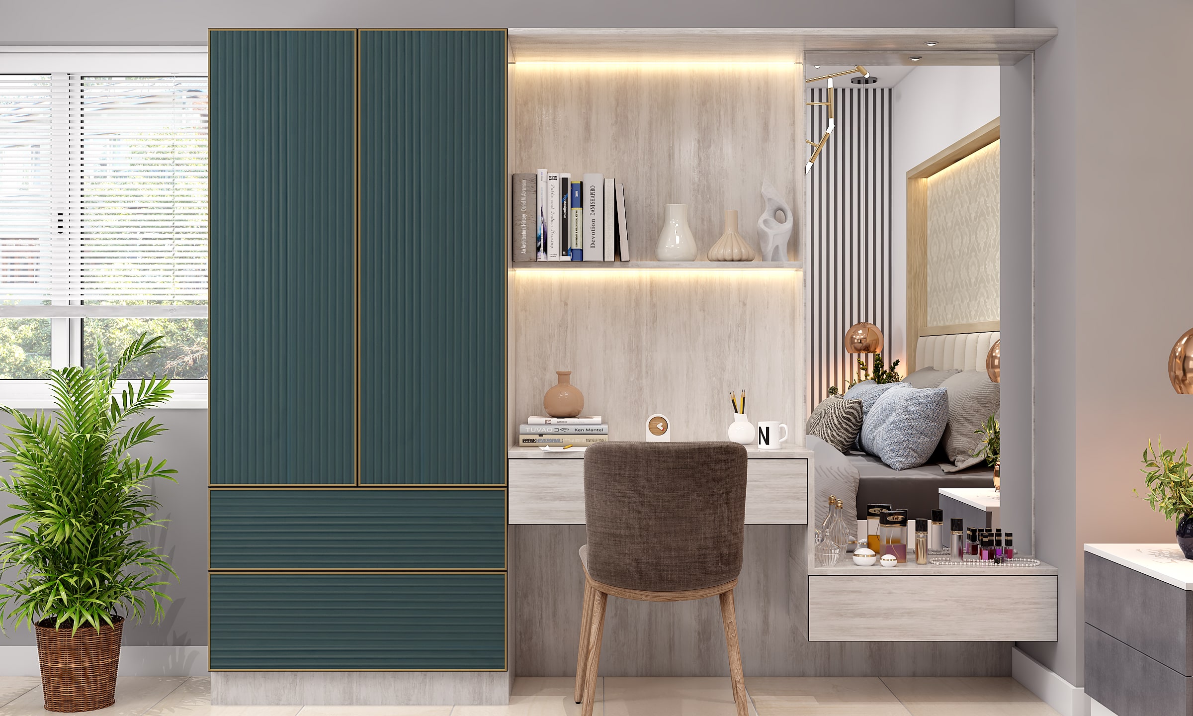 Luxury interior design with a two-door wardrobe featuring premium finishes