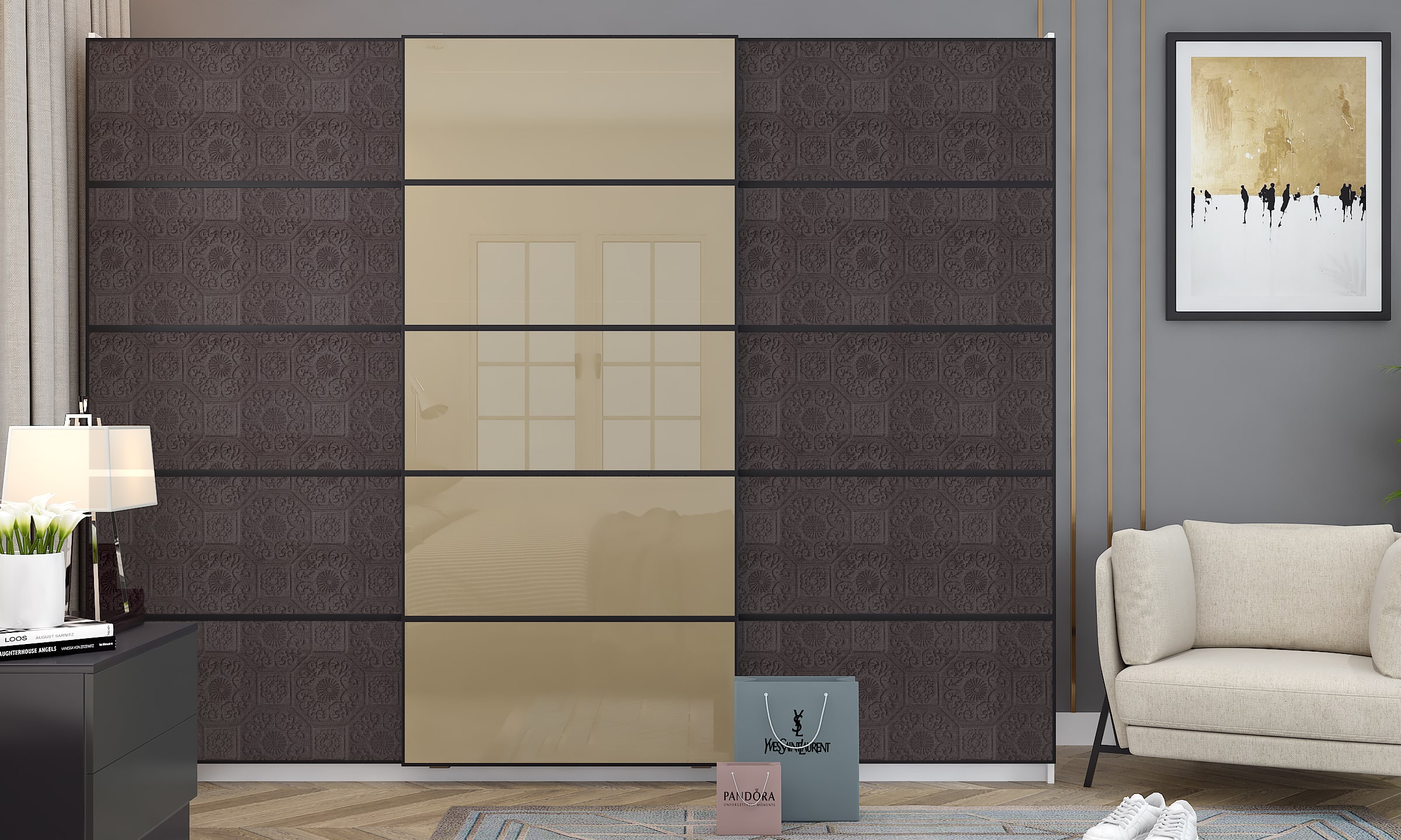 Luxury interior designers designed a sliding door wardrobe with fabric panels in earthy tones
