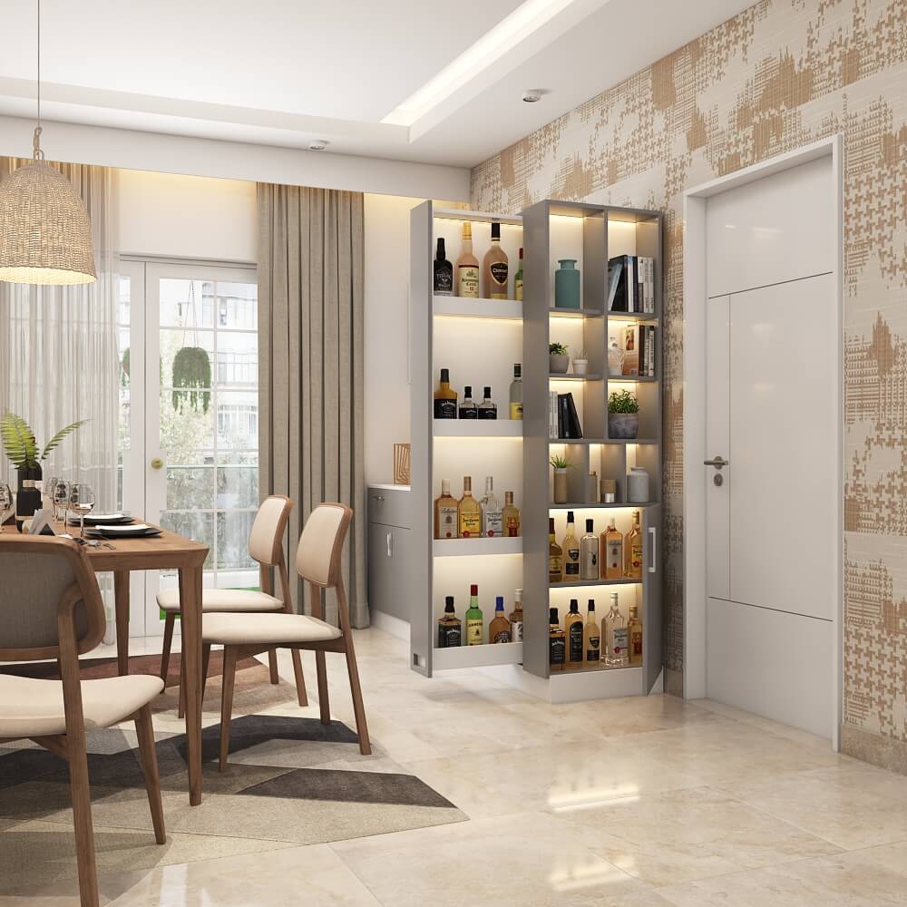 Luxury interior designers in Pune designed a living room with tall liquor cabinet