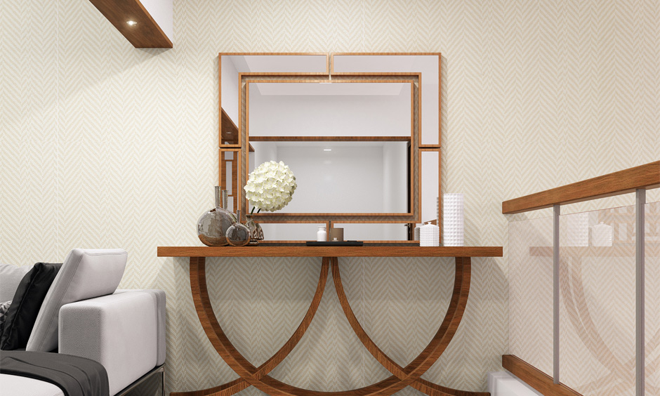 Mantle mirror for living room, placed behind foyer console