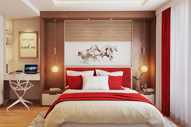Master bedroom colour combination or guest bedroom colour combination with red and copper colour palette